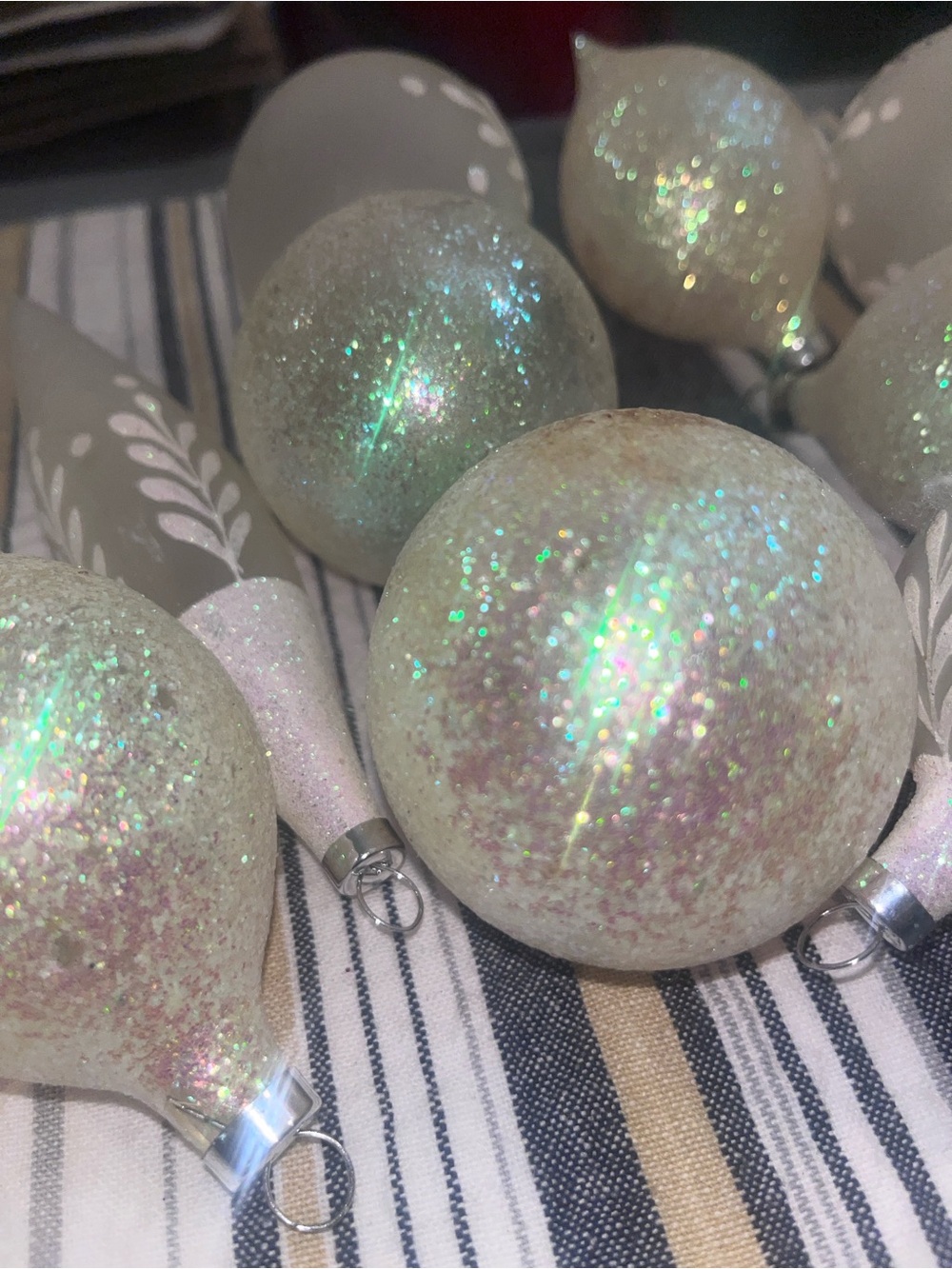 Hand-Painted Gray and Glitter Christmas Ornaments - Set of VTG Glass 166